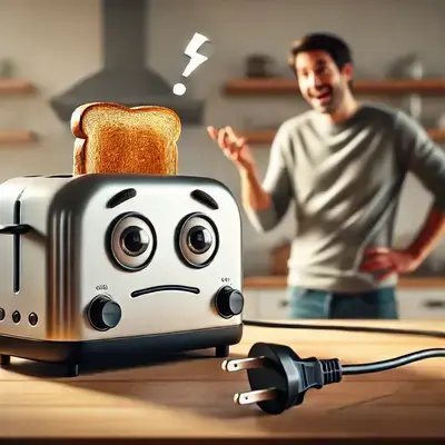 Der vergessene Stecker – Warum dein Toaster (und dein Körper) Mineralien braucht! Ein moderner Toaster mit überraschter Miene, der eine Brotscheibe nicht toasten kann. Daneben steht eine verwirrte Person, während ein Elektriker lachend auf das nicht eingesteckte Kabel zeigt.