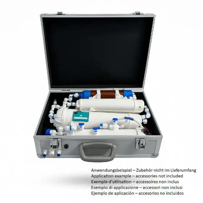 Mobiles AquaTravel Filterset im Koffer – ideal für sauberes Trinkwasser unterwegs AquaTravel Filterset im Transportkoffer – komplette 5-Stufen-Filtereinheit für mobile Umkehrosmoseanlage