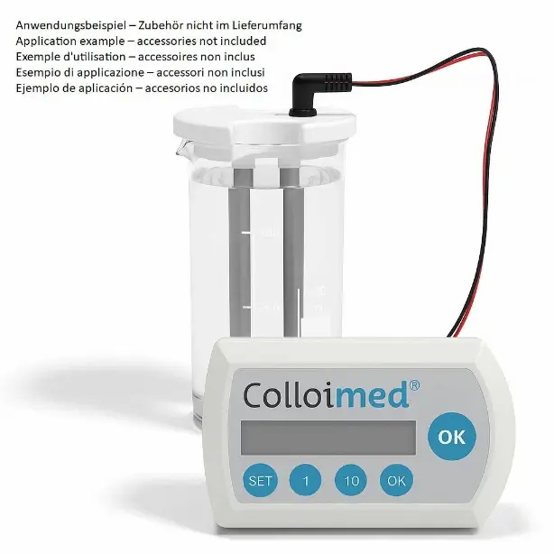 Colloimed CM2000 mit XXL-Elektrode – Zubehör für kolloidale Anwendungen CM2000 Kolloidgenerator mit XXL-Elektrode im Becherglas – Anwendung für kolloidale Herstellung
