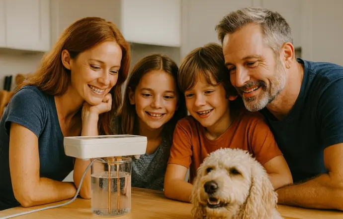 Gemeinsam mit der Familie Kolloide herstellen – sicher, einfach und alltagstauglich Familie mit Hund beobachtet Kolloidproduktion am Küchentisch