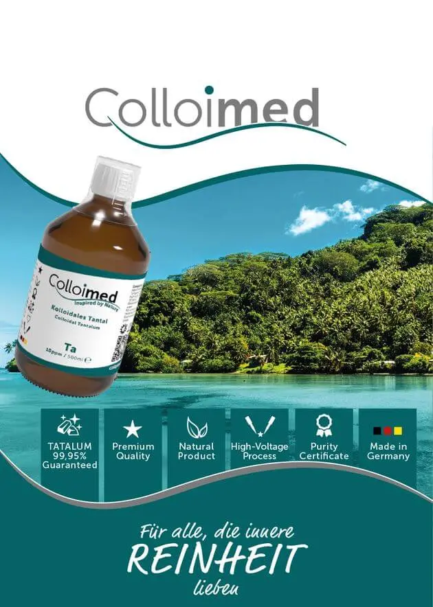 Produktflyer von Colloimed – „Kolloidales Tantal – für alle, die innere Reinheit liebe“ mit allen Qualitätsvorteilen auf einen Blick Produktflyer mit der Aufschrift „Kolloidales Tantal – für alle, die innere Reinheit lieben“ und den wichtigsten Qualitätsmerkmalen von Colloimed Tantal
