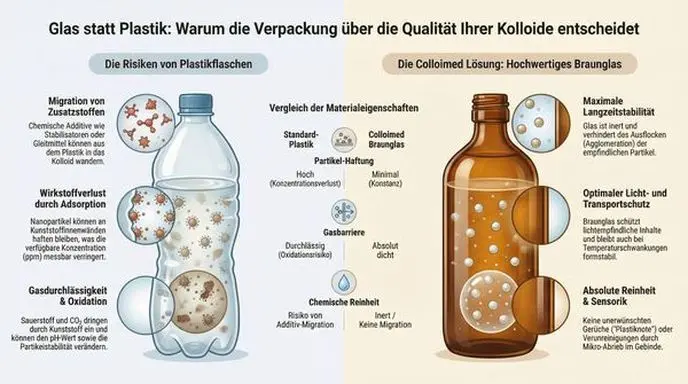 Plastik vs. Braunglas: Alle Fakten zur Lagerung von Kolloiden auf einen Blick. Klicken für das Profi-Sortiment. Vergleichstabelle: Warum Colloimed Braunglas bei Adsorption, Gasdurchlässigkeit und Reinheit besser abschneidet als Plastikflaschen