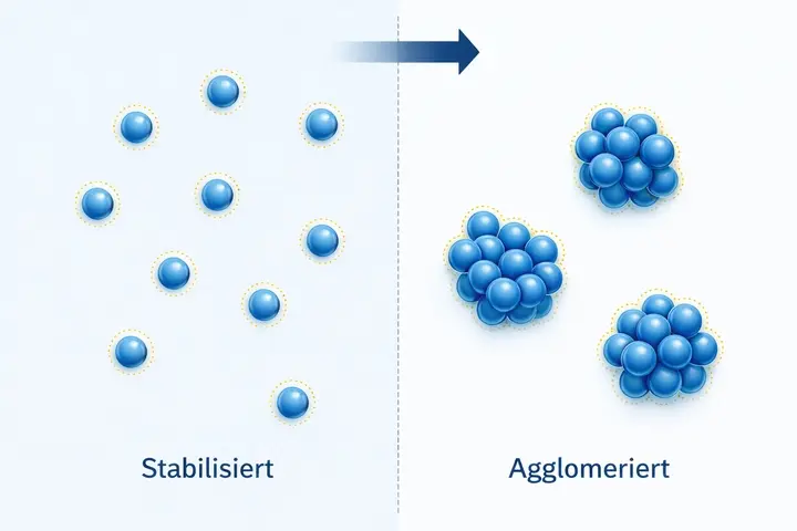 Agglomeration und Stabilität von Kolloidpartikeln Schematische Darstellung frei verteilter stabiler Kolloidpartikel im Vergleich zu agglomerierten Partikelclustern